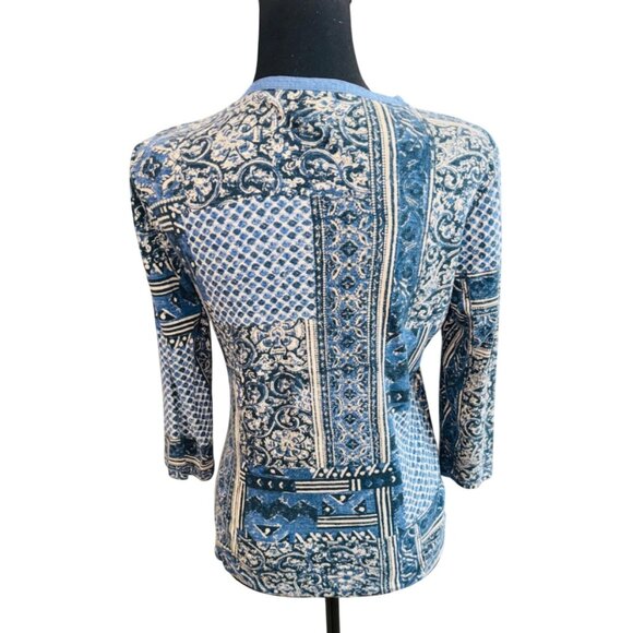 Ralph Lauren LRL Blue Patchwork Print Button-Front Henley Top M 100% Cotton - Picture 2 of 11